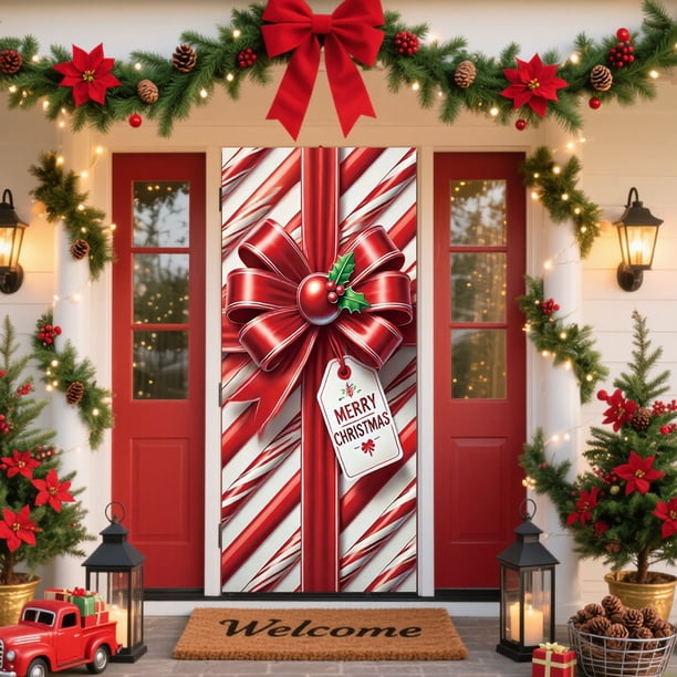 Seyotauo Merry Christmas Door Cover 35x71 Christmas Gift Box Present Hanging Banner Decoration Winter Holiday Bow Window Door Cover Stripes Ornaments Year Party Home Wall Outdoor