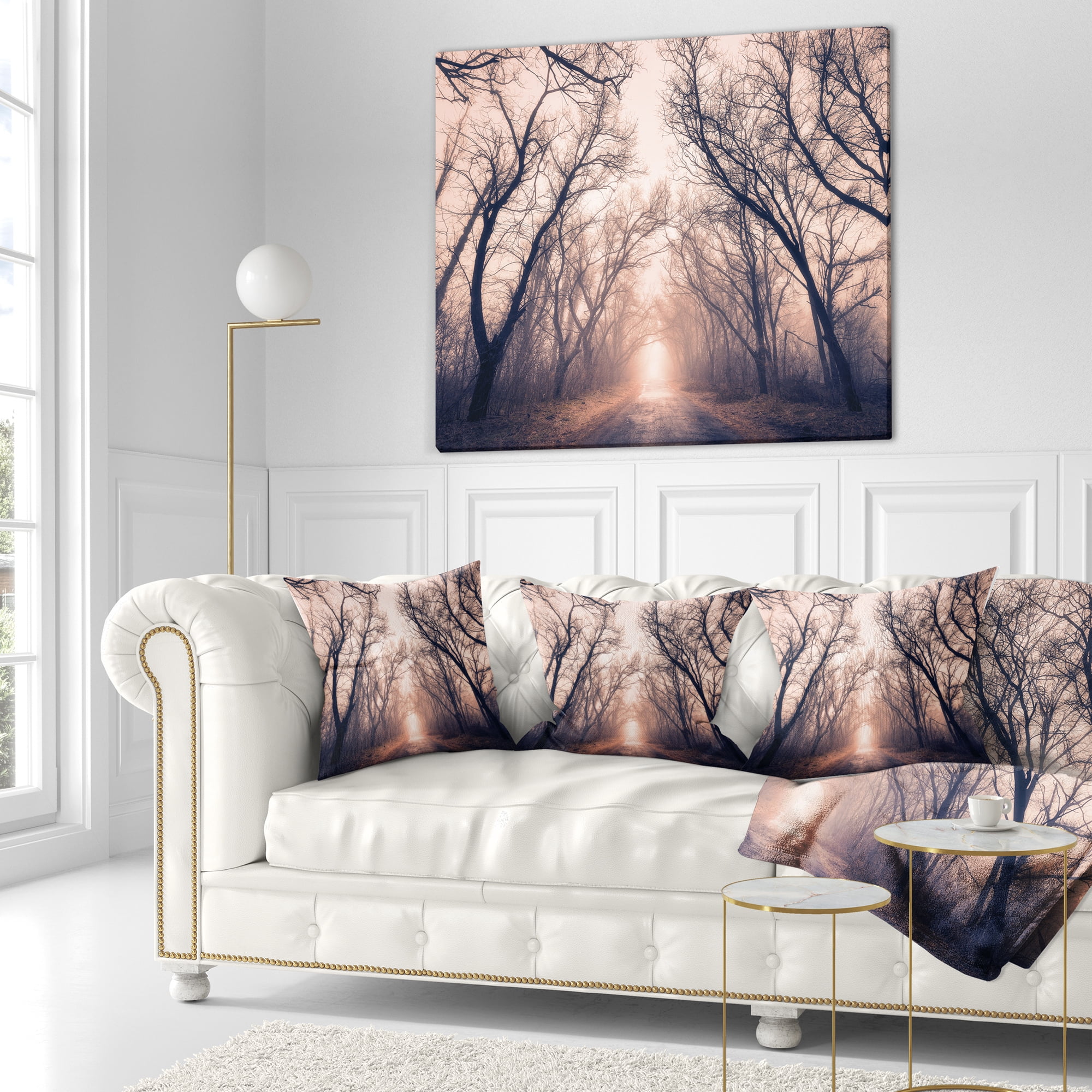 Designart Road Through Mystical Dark Forest - Landscape Photography Throw Pillow - 18x18