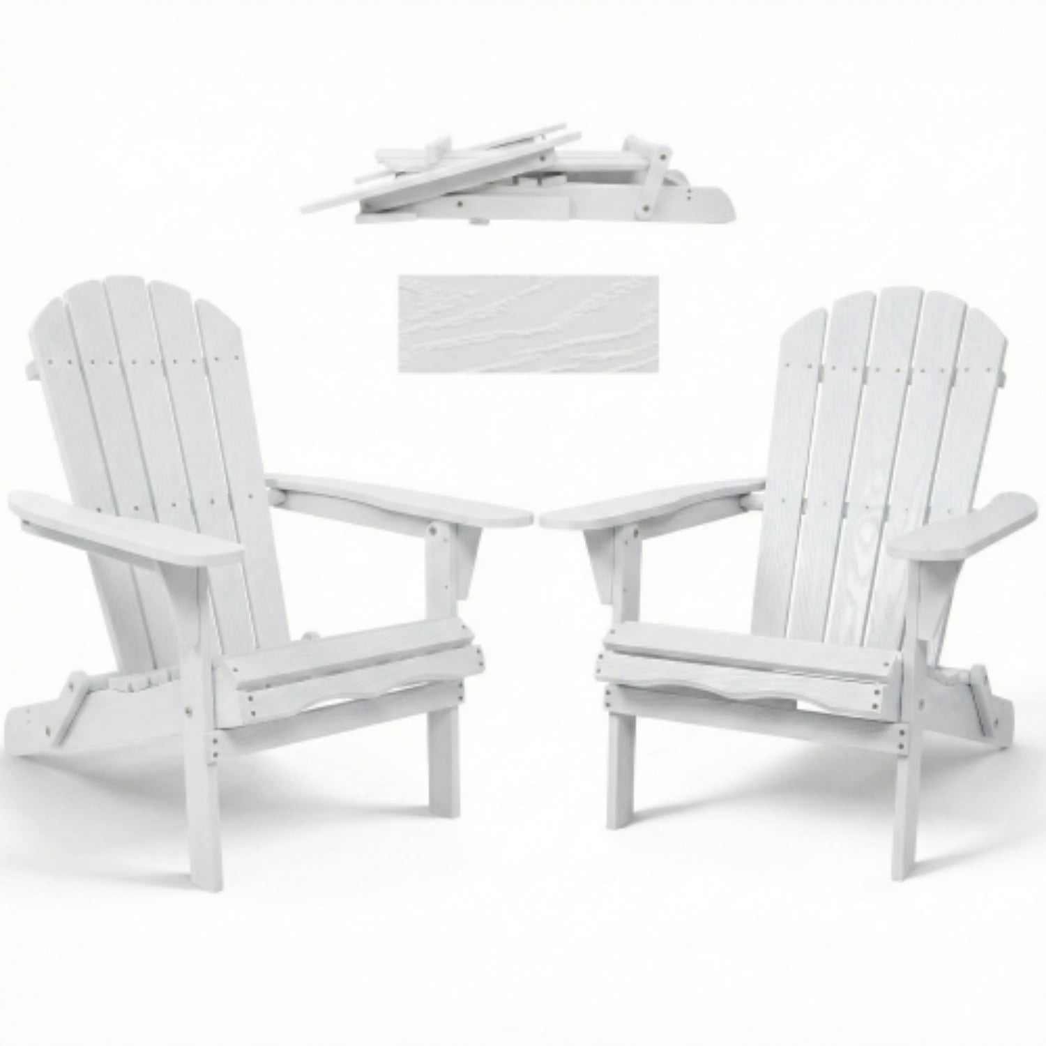 Wooden Adirondack Chair, Outdoor Folding Patio Lounge Chair with Embossed Wood Grain, Solid Hemlock Wood Chair for Garden, Deck, Porch, Pool, White