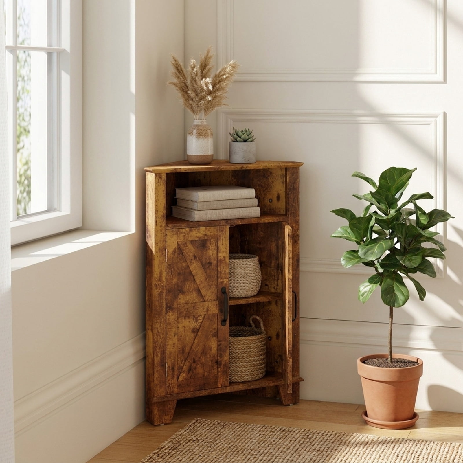Furnibear 4 Tier Corner Accent Cabinet with Doors Open Shelf and Adjustable Storage for Kitchen Living Room and Entryway, Rustic Brown