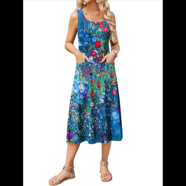 Vestido de Verano para Mujer, Sin Mangas, Floral, con Cuello Redondo, Cintura Alta, Corte A, Midi y Bolsillos Azul y Rojo S