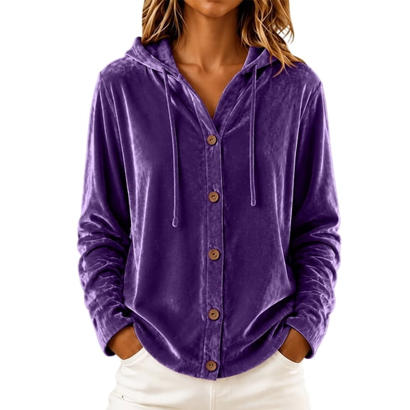 Fesfesfes Women's Casual Velour Hooded Sweatshirt Button Detail Long Sleeve Drawstring Hoodie with Pockets Loose Fit Solid Color for Fall Winter Daily Wear