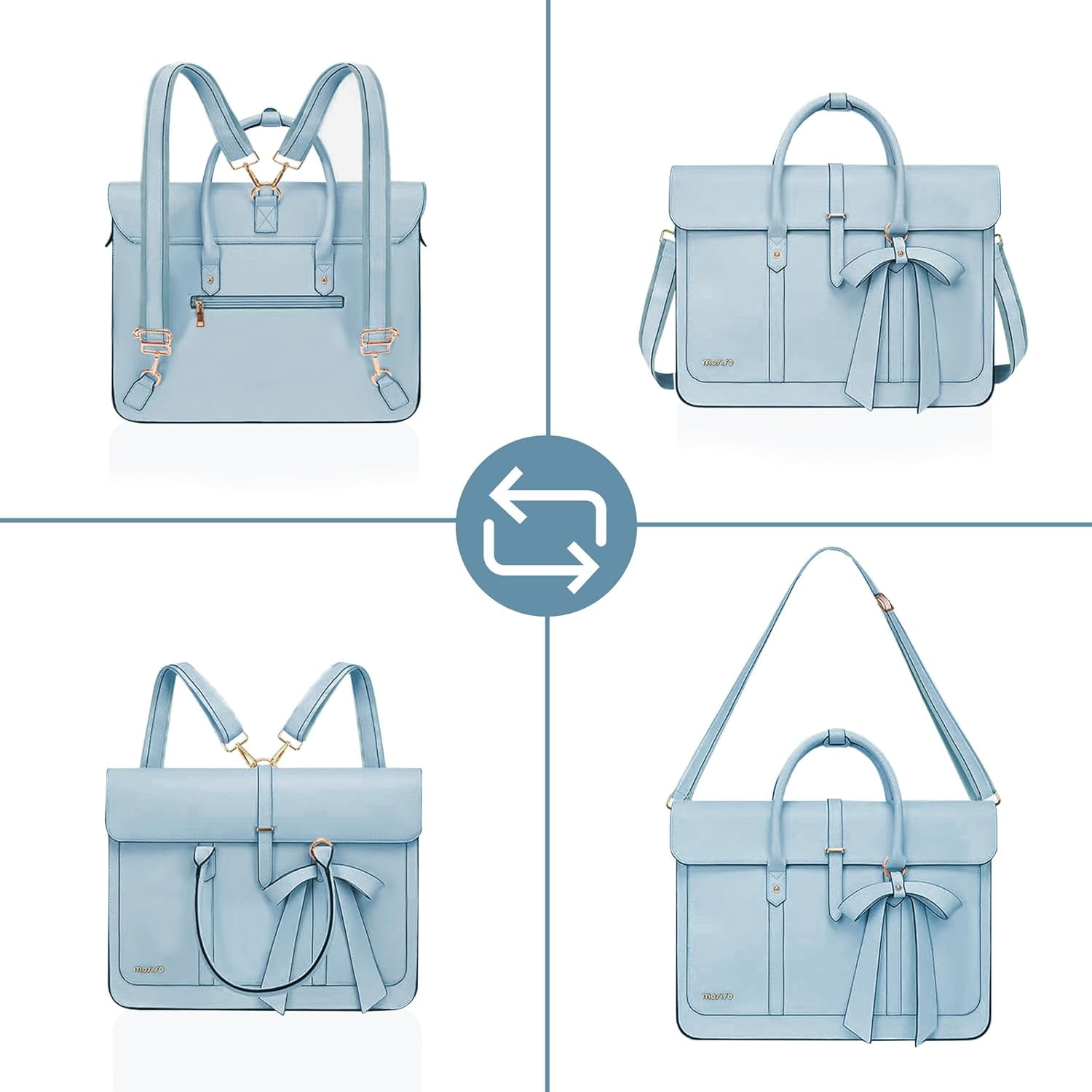Mosiso Laptop Tote Bag for Women, 13-14 inch PU Leather Shoulder Bag Convertible Backpack, Casual Travel Handbag Office Work Computer Briefcase, Air Blue