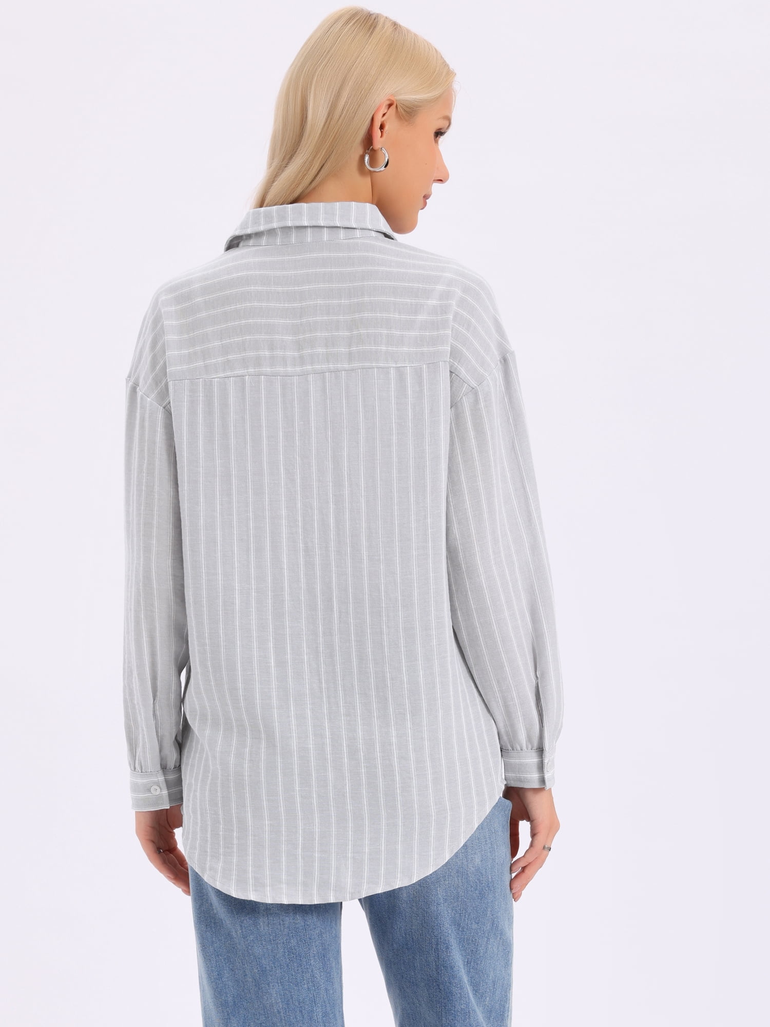 DARING DIVA Women's Striped Button Down Long Sleeve Collared Blouses XS Light Grey