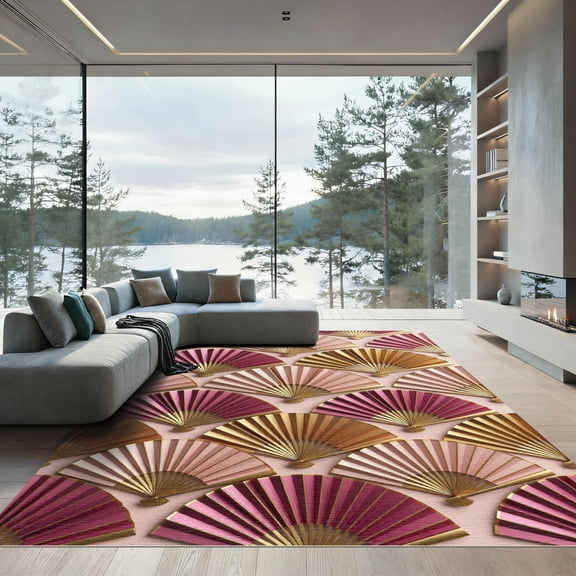 ODIKA 4'x6' Machine Washable Non-Slip Area Rug, Chinoiserie Blush Pink High Traffic Rug, Pink, 1174336