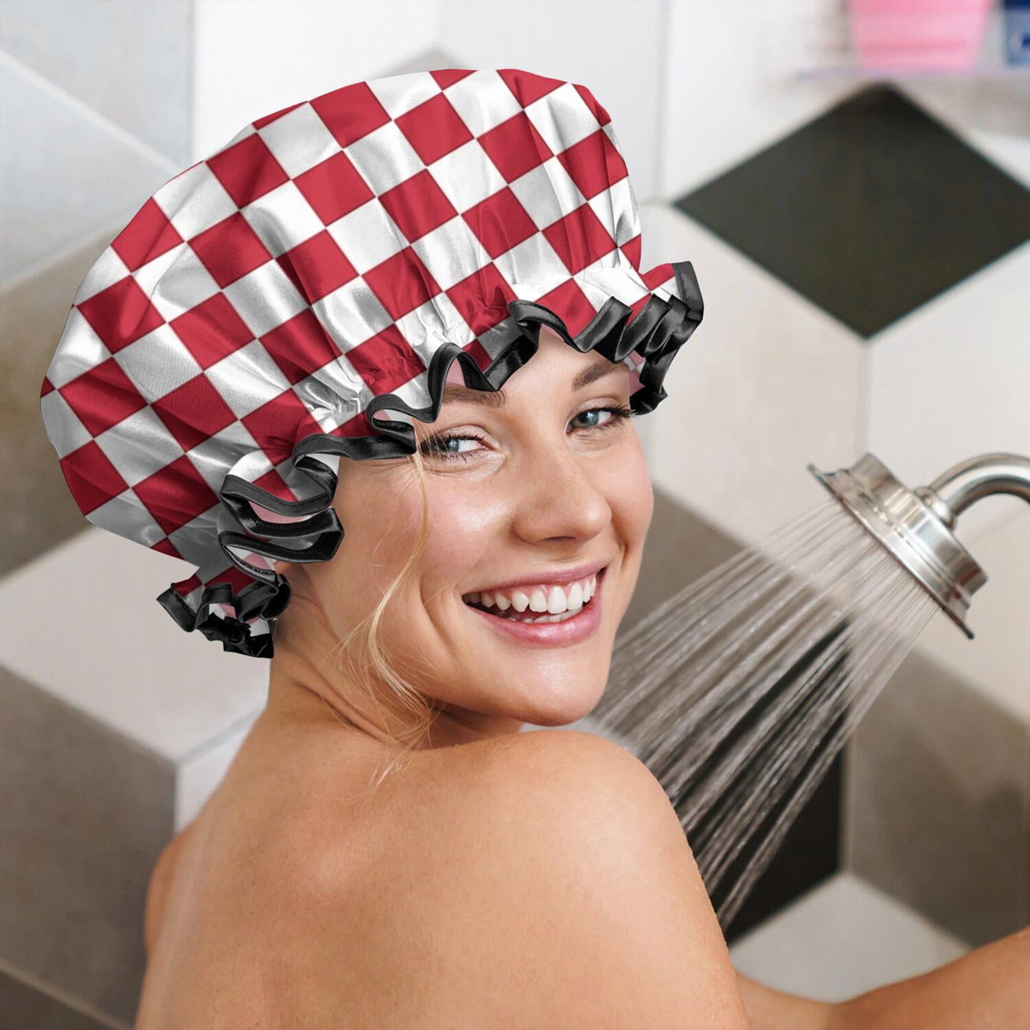 Shower Caps,Red and White Checkered Pattern Waterproof Shower Cap for Women 4 Pieces,Double Reusable Hair Cover for Shower PEVA Elastic Stretch Hem