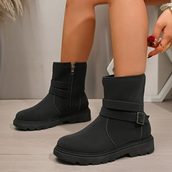 Wowcloth Winter Ankle Boots for Women - Fashionable Casual Round Toe Side Zipper Chunky Low Heel Lace-Up Winter Shoes for Cold Weather Outfit