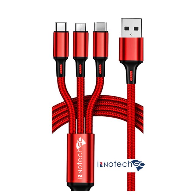 Cable de Carga Múltiple 3 en 1, 4 Pies, Nailon de Aluminio, Conectores USB Tipo C/Micro/Lighting para Teléfonos y Tabletas.