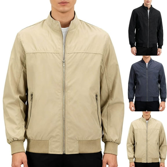 AnuYalue Men's Cargo Jacket Casual Full Zip Windbreaker Stand Collar Bomber Jacket Long Sleeve Outwear with Pockets