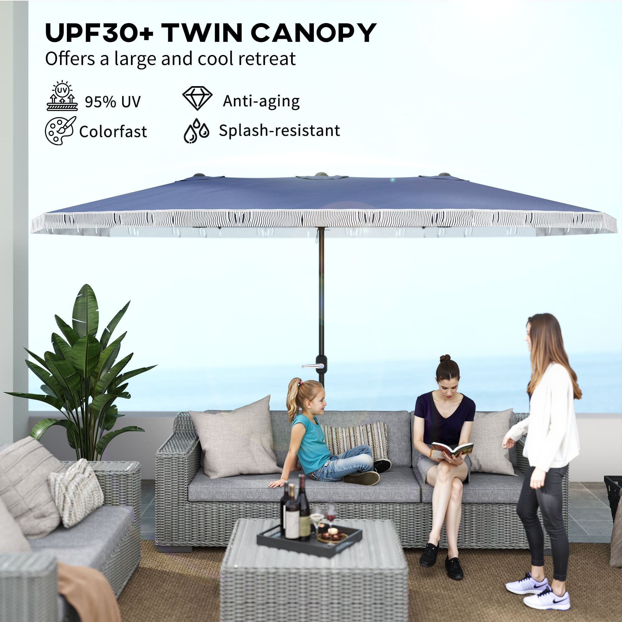Outsunny 15ft Extra Large Patio Umbrella, UPF30+ Double-sided Rectangle Umbrella with Easy Crank Handle, 2 Vents for Garden Pool Lawn, Dark Blue