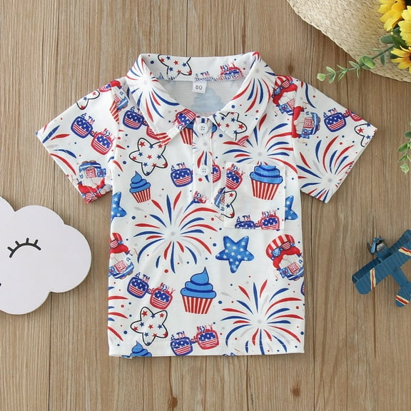 TOOYOU Boys Shirt Toddler Shirt Cartoon Independence Day Cow Donut Print Short Sleeve Shirt Tops Outwear Size 6-12 Months Blue