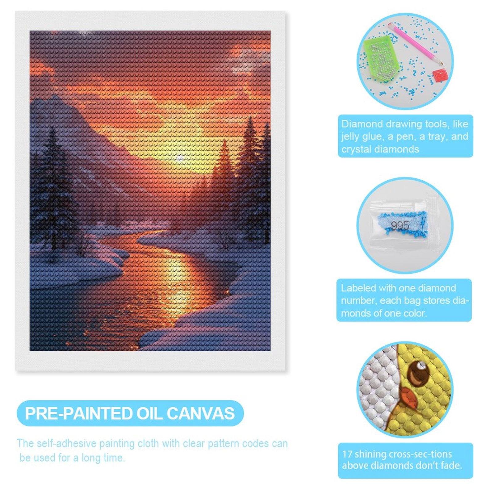 Diamond Art Kits for Adults, Mountain Sunset Winter River Scene 5D Diamond Painting Kits for Adults Beginners, DIY Full Drill Diamond Painting, Gem Art and Crafts 12x16