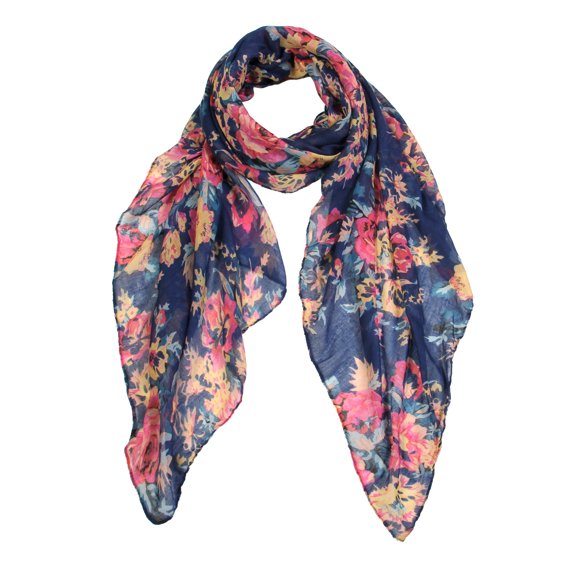 Women's Romantic Rose Print Thin & Lightweight Fashion Scarf (Blue)