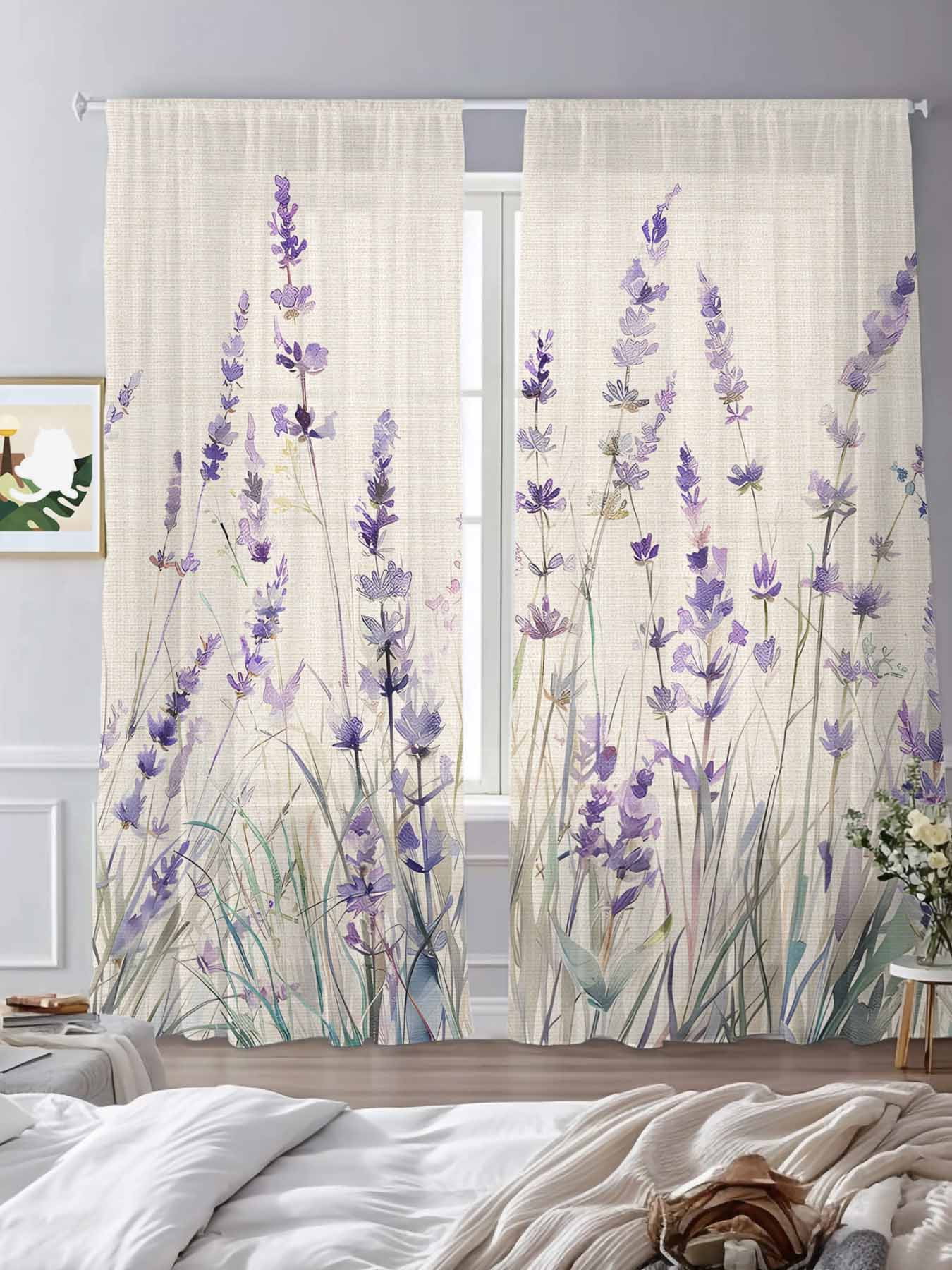 Spring Flower Sheer Curtains for Living Room Bedroom, Vintage Purple Lavender Linen Texture Light Filtering Sheer Curtain Rod Pocket Voile Window Treaments Drapes, 52 x 108 Inches
