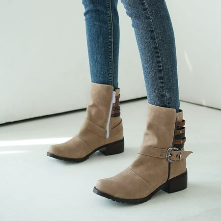 

Zunfeo Women s Mid Calf Boots- Solid Round Toe Low-heeled Desert Boots Vintage Boots Christmas Gifts Clearance Khaki 6.5