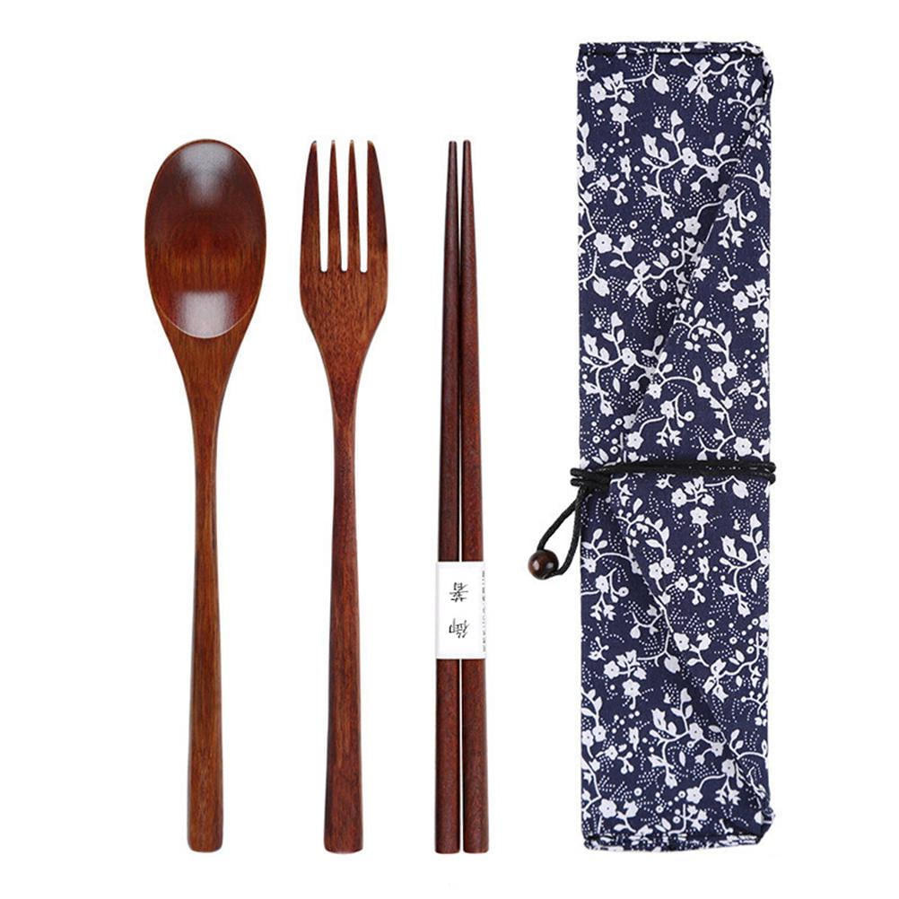 Set Handmade Japanese Style Wooden Cloth Bag Spoon Fork Chopsticks  Natural 