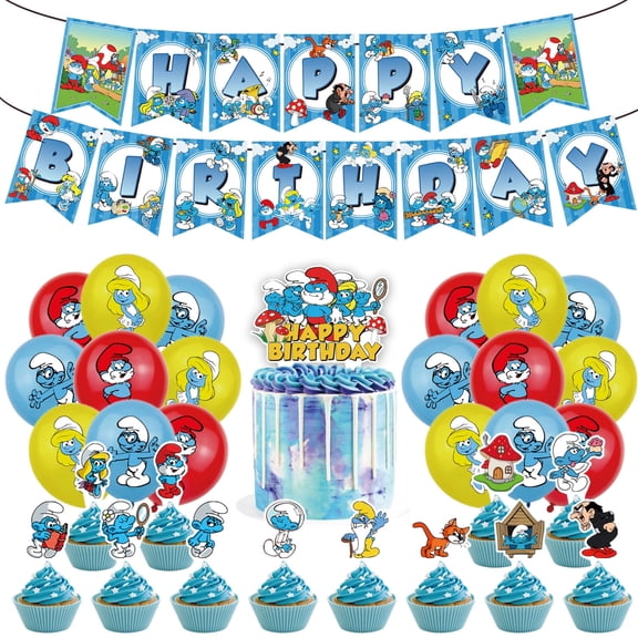32 PCS For The Smurfs Cartoon Theme Party Decorations Set,With 1 Happy Birthday Banner,18 Balloons,13 Cupcake Toppers Balloons,for Boy Girls Party Supplies Set