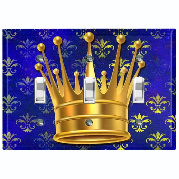 Metal Light Switch Wall Plate Outlet Cover (Queen Crown Blue Pattern - Triple Toggle)