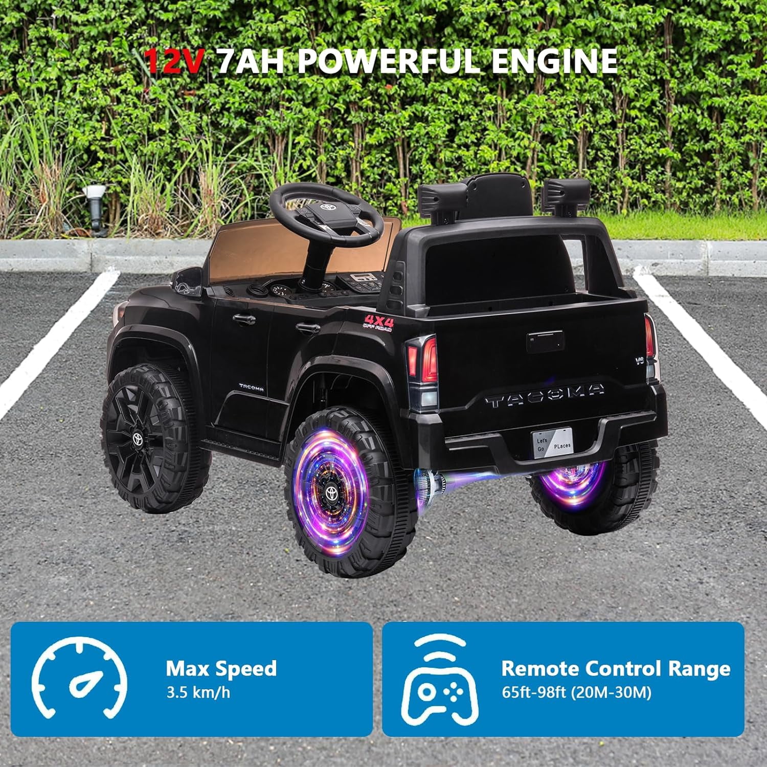 12V Licensed Toyota Tacoma Electric Car with Remote Control, Spring Suspension, Safety Belt, 2-Speed Ride-On Vehicle with Headlights, Black