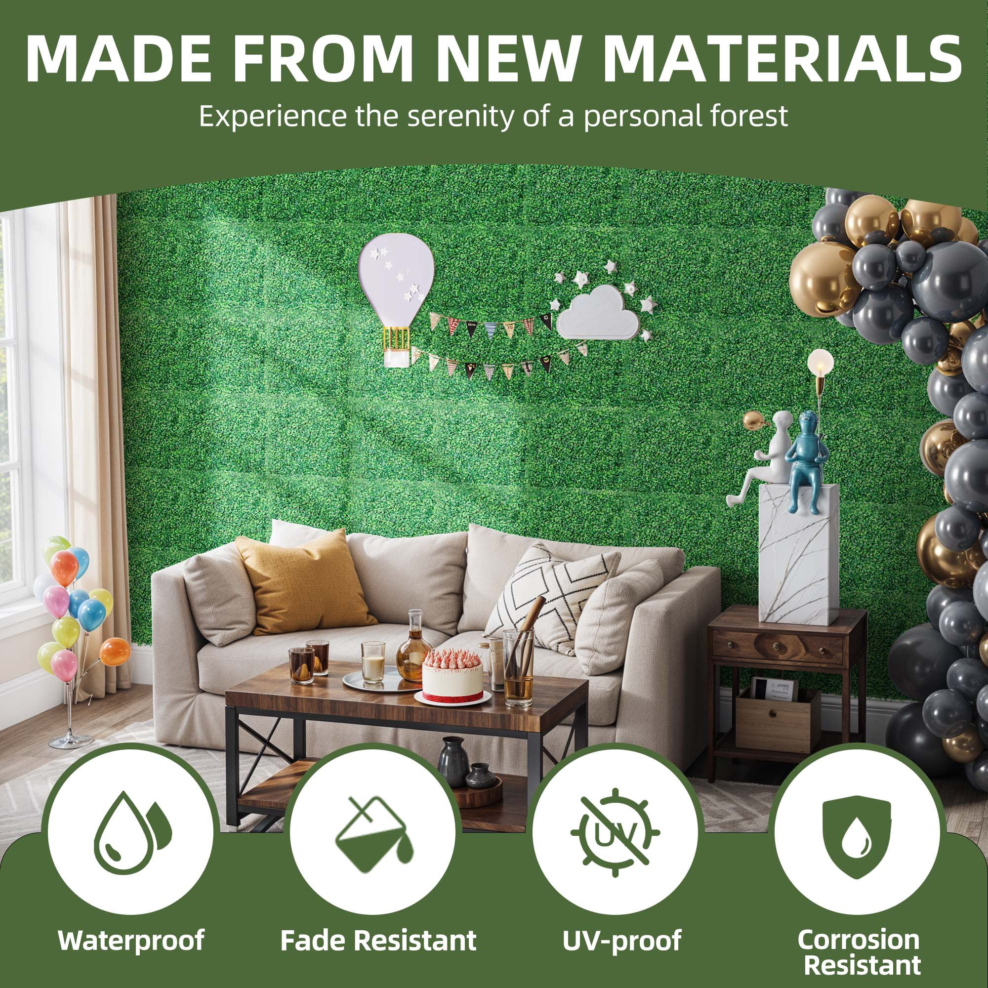 Uforic 24 Pcs 20"x20" Artificial Grass Wall Panels UV-Resistant Indoor/Outdoor Privacy Hedge Green