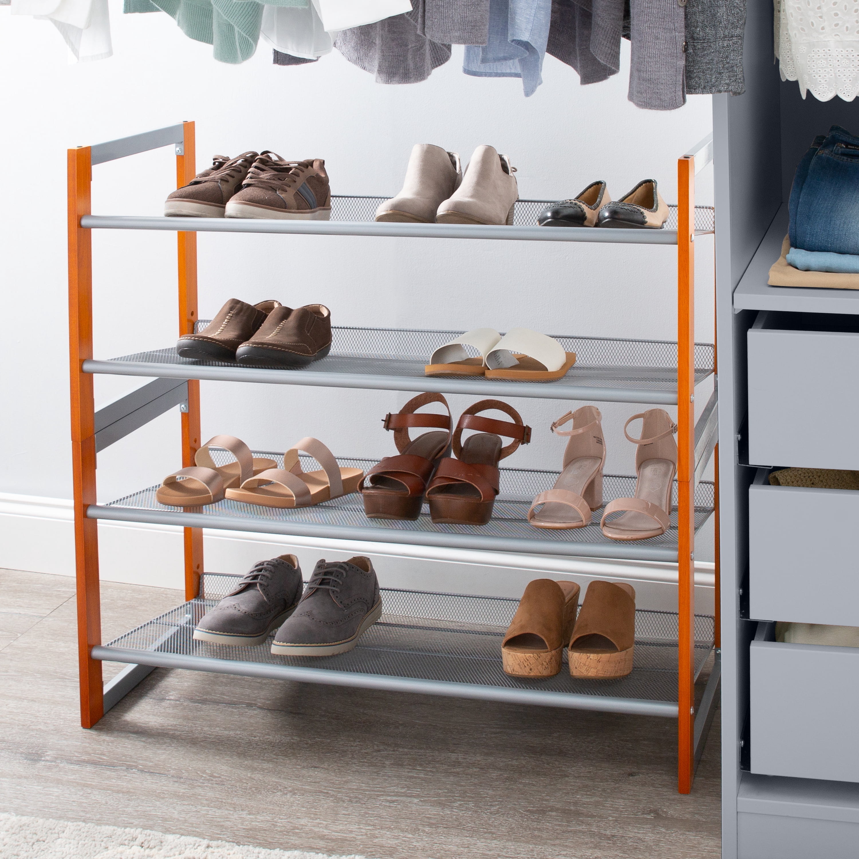 Organize It All 4 Tier Wooden Stackable 16 Pair Shoe Rack in Chrome