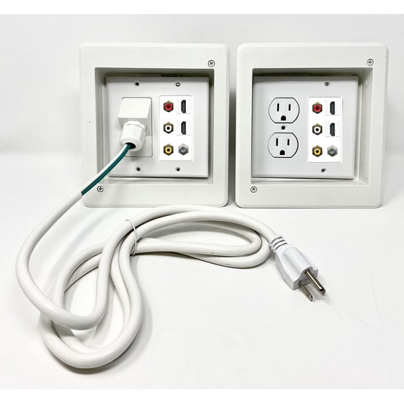 RiteAV 2-Gang Recessed Non-Metallic Electrical Combo Flat Screen TV Wall Plate Power Device Box, Divided for Power and Low Voltage RCA, HDMI and Coax Connections - White