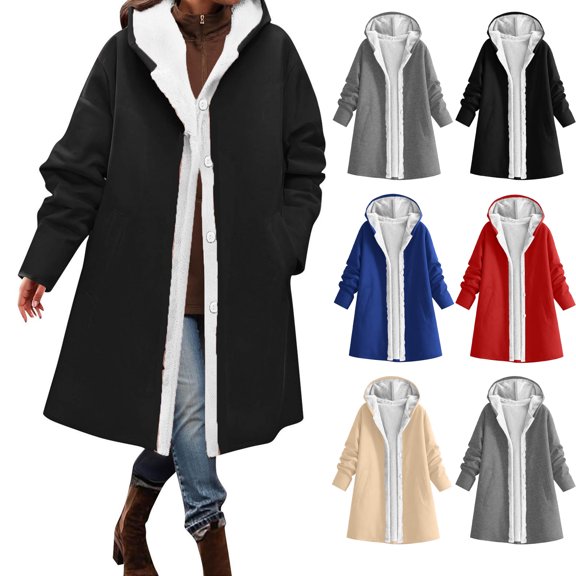 Women Windproof Hooded Mid-Length Coat,Fleece Lined Open Front Button Jacket,Oversized Loose Warm Solid Outerwear with Side Pockets