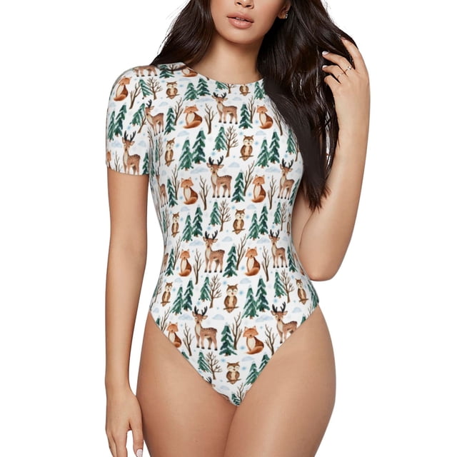 Saiise Motif Amis de la Forêt d'Hiver Grenouillère à Manches Courtes Col Rond Pyjama Extensible avec Fermeture à Pression-Petit
