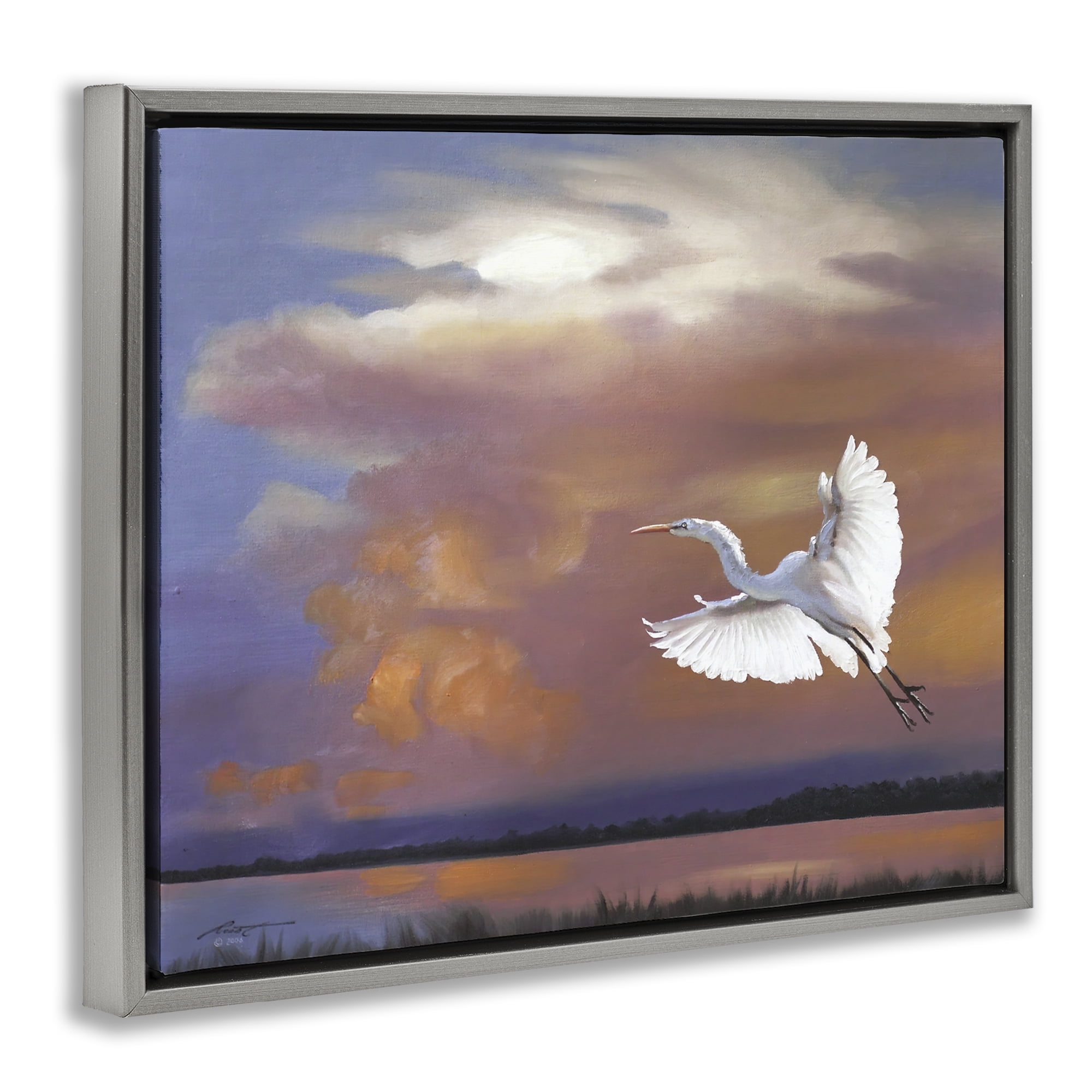 Stupell Industries Heron Flying with Sunset Landscape Painting Gray Floater Framed Canvas Art Print Wall Art, 31 x 25