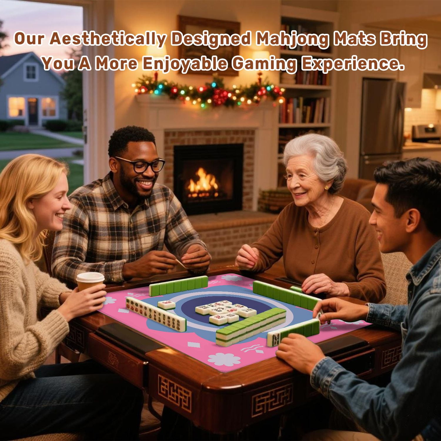 Mahjong Mat 31.5" x 31.5" Geometric Floral Blue Tones Pink Anti-Slip and Noise Reduction Symmetry Design Mahjong Tiles Table Cover for Dominoes Poker Card Board and Tile Games