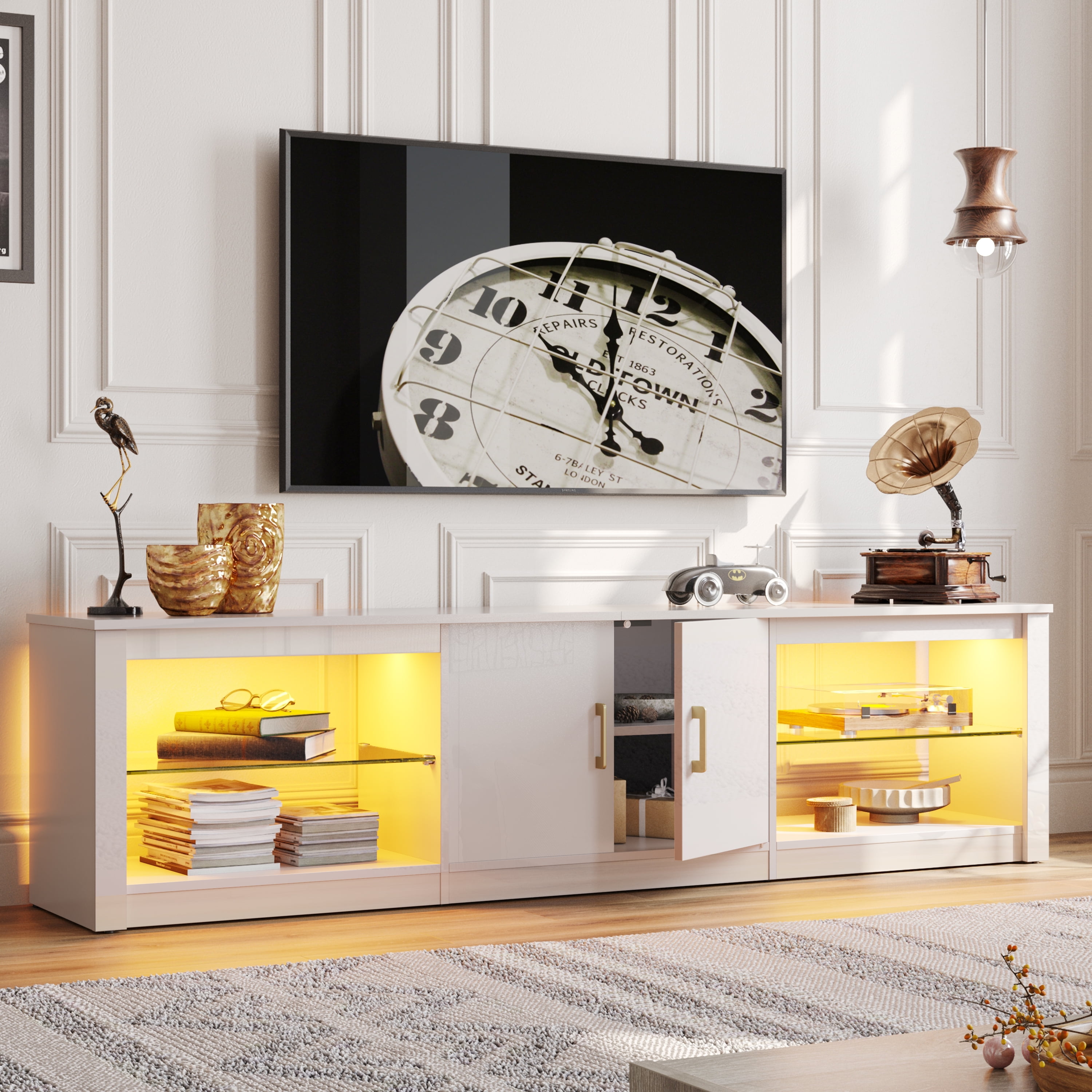 Bestier Modern TV Stand for TVs up to 75" High Gloss Entertainment Center with LED Lights & Storage Cabinet for Living Room in White