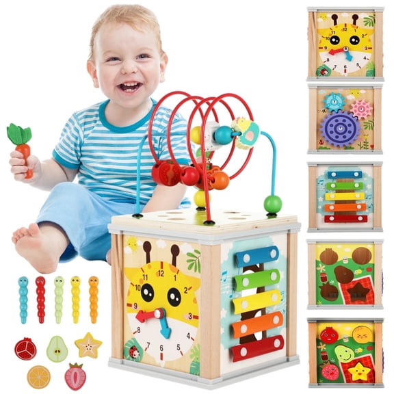 UQN Wooden Activity Cube, 10-in-1 Montessori Toys for 1 Year Old, Learning Educational Baby Busy Toys Gift for 1 2 3 Year Old Boys & Girls