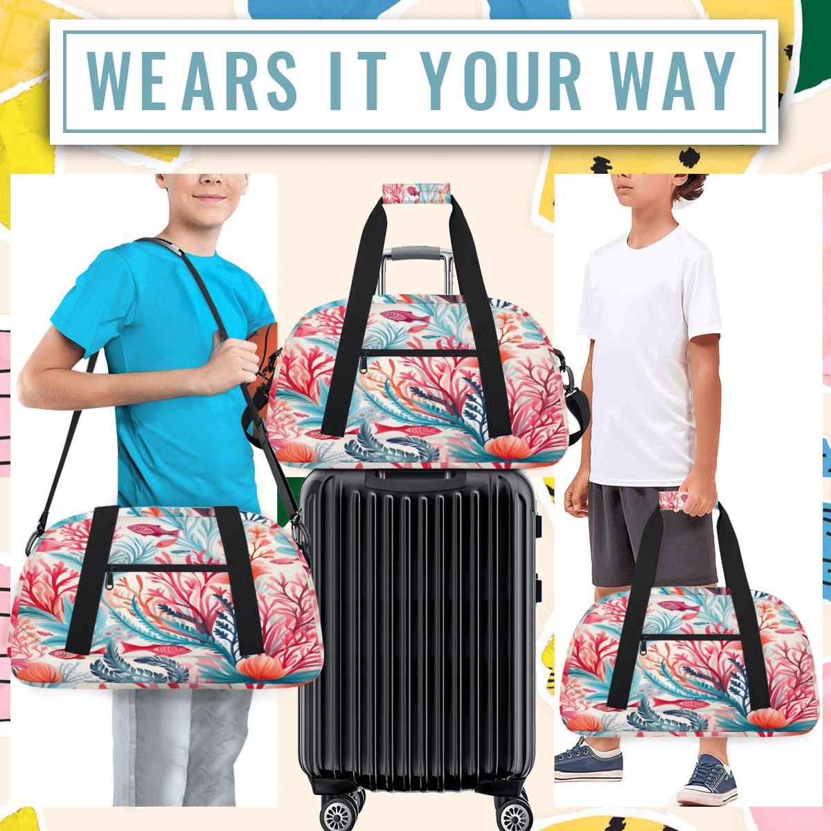Herdesigns Sports Duffle Bags Travel Duffle Bag Gym Bag Red Pink Corals Ocean Fish Weekender Travel Bag Waterproof Overnight Bag Carry On Travel Tote Bag Dance Bags