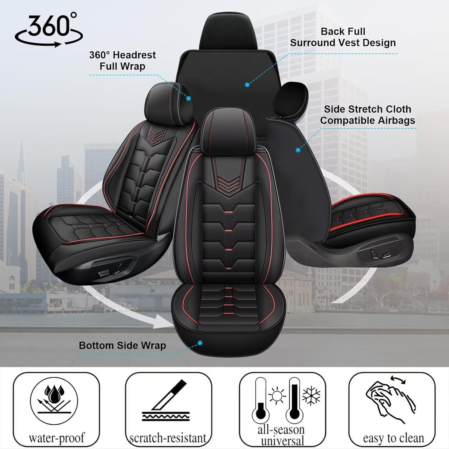 DIKSOAKR 2 Front Car Seat Covers Fit for Toyota RAV4 2007-2025 Faux Leather Seat Cushion with Lumbar Support Airbag Compatible Automotive Interior Accessories (RED)