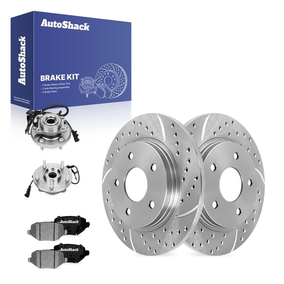 AutoShack Rear Solid Drilled & Slotted Silver Zinc Coated Brake Rotors   Ceramic Pads   Hub Bearing Assembly 8-PC Brake Kit Replacement for 2013 Dodge Journey SilverShield Pro 12" (304.9 mm)