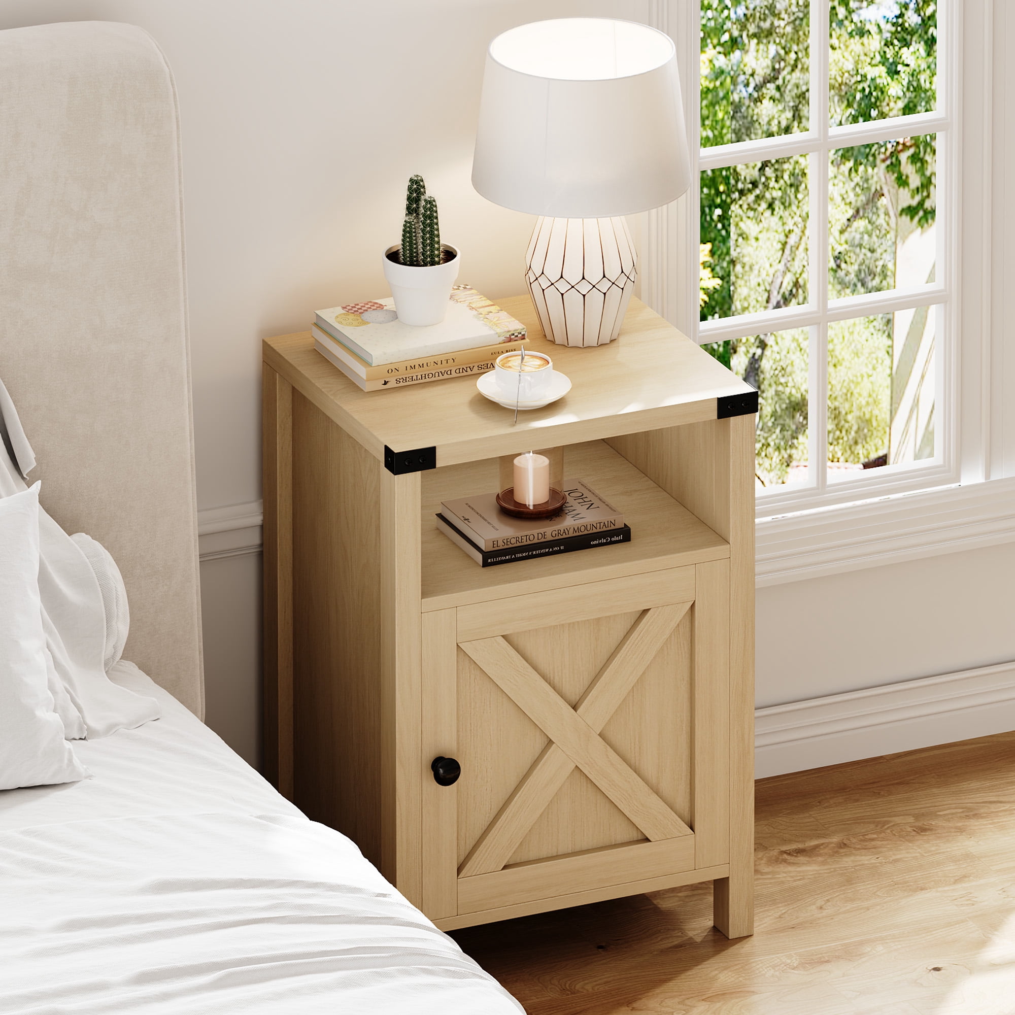 4 EVER WINNER Minimalist Barn Door Side Table, Light Oak Storage End Table, Compact Accent Table for Balcony & Kids’ Room