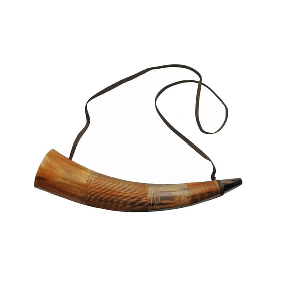 SZCO 14-16 Inch Medieval Blowing Horn Polished and Etched Sounding Horn with Leather Shoulder Strap Historical Costume Accessory