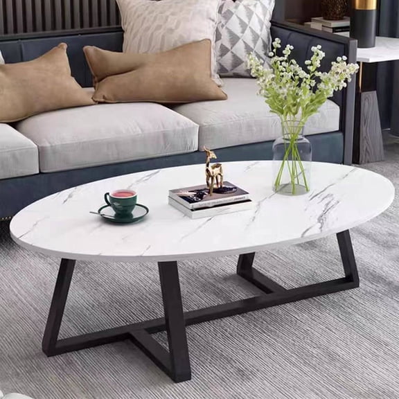Small Oval Coffee Table, White Faux Marble Top with Black Metal Legs, Modern Living Room Center Table for Small Spaces