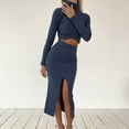 thumbnail image 6 of Baqcunre Women's Long Sleeve High Neck Solid Knitted Sweater High Waist Front Split Dress Set Cocktail Dress Womens Dresses Bodycon Dresses for Women Long Sleeve Dress for Women,Blue,Size XS, 6 of 6