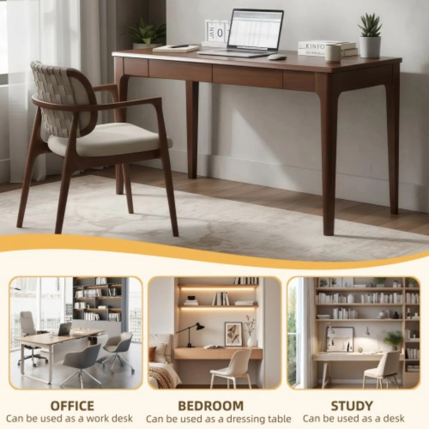 Solid Wood Desk with Drawers 47" Mid Century Modern Writing Desk Home Office Study Table for Bedroom Living Room, Walnut