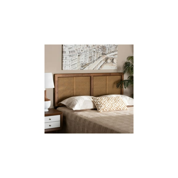 HomeStock Mid-Century Modern Ash Walnut Finished Wood And Synthetic Rattan Art Nouveau Allure Size Headboard