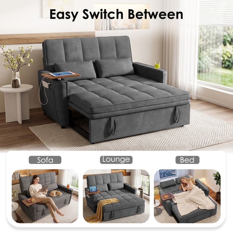 Anpport 3‑in‑1 Convertible Sleeper Sofa Bed, Pull‑Out Sofa with Side Desk, USB Ports, Cup Holders, Storage Armrests & Adjustable Backrest for Living Room Apartment, Dark Gray