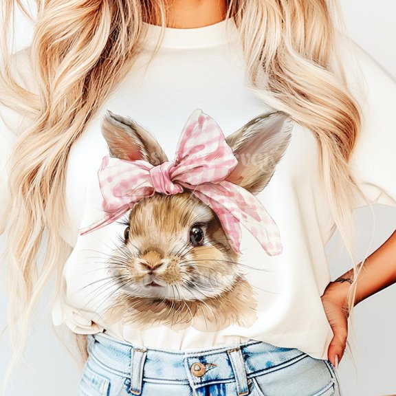 Easter Bunny T-Shirt, Coquette Bow Watercolor Bunny Shirt Design, Cute Pastel Easter Tee for Women, Sublimation Style Graphic Tee