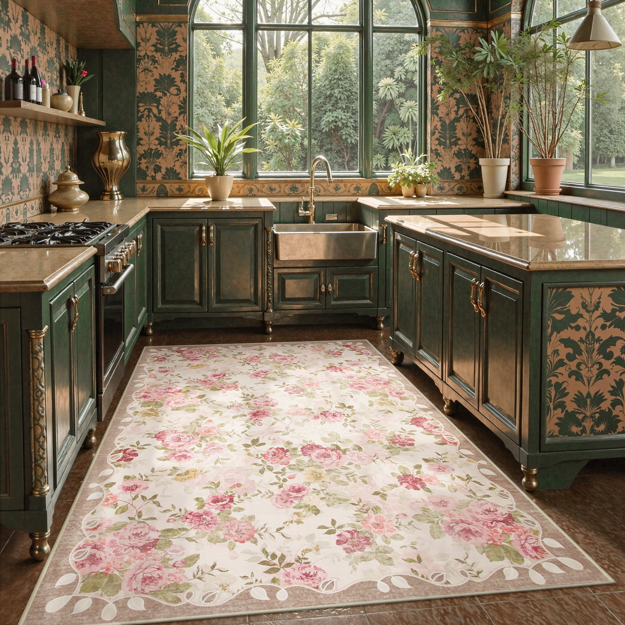 Lahome Decor 5'x7' Pink Floral Washable Rugs,5x7ft Rugs for Bedroom Girls Boho Area Rug,Vintage Rugs for Living Room Non Slip Low Pile Ultra-Thin Carpet for Farmhouse,Dining Room,Kids Playroom,Beige