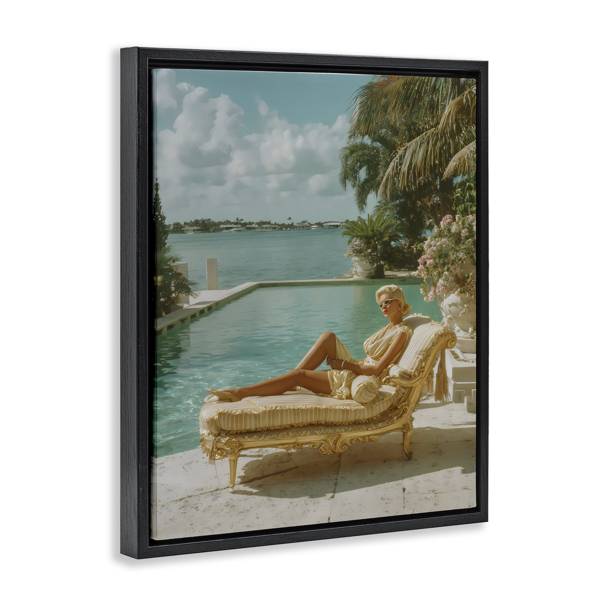 Stupell Industries Vintage Poolside Woman Black Framed Floater Canvas Wall Art, design by Franklyn Gregory