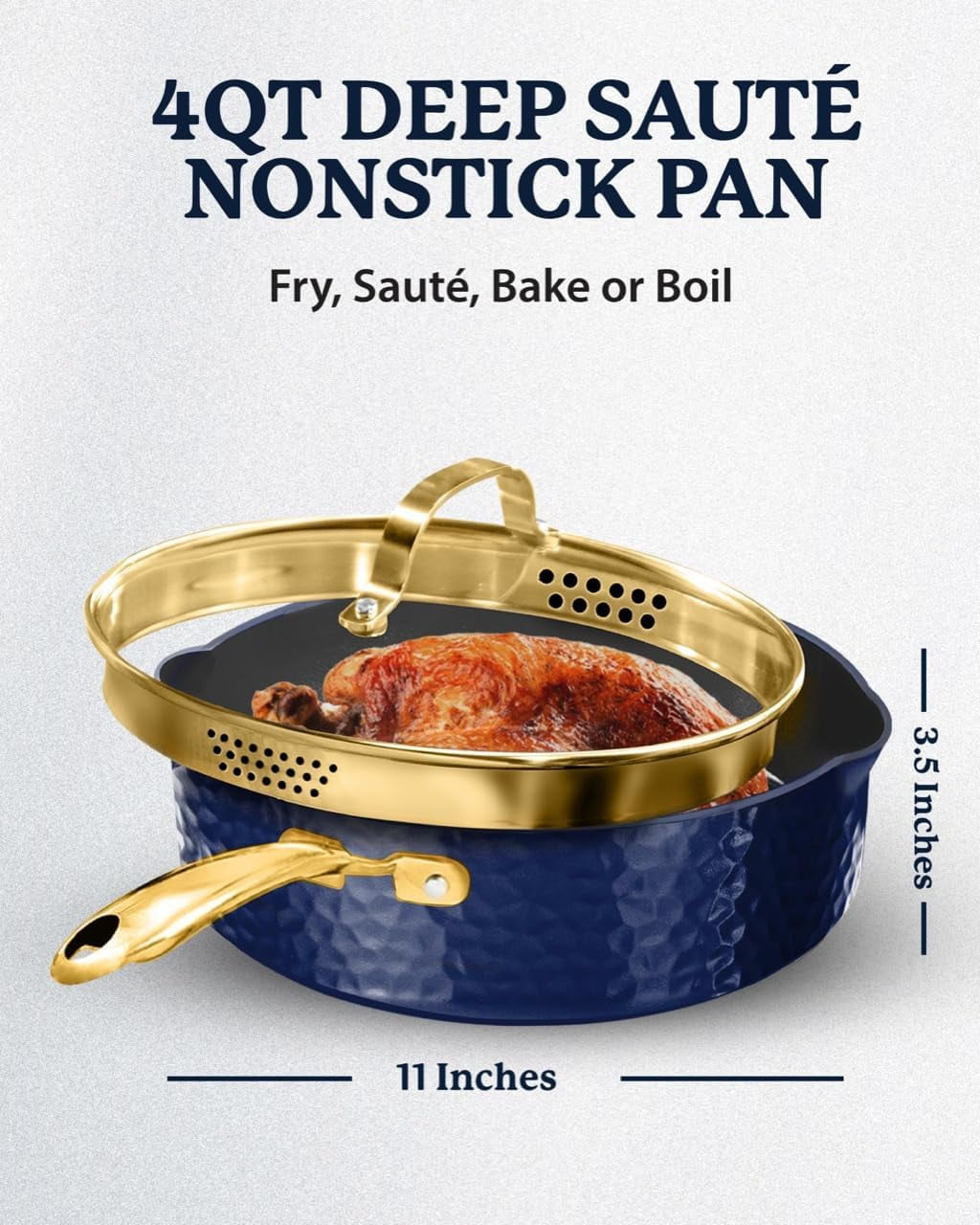 Granitestone Hammered 4 Qt Saute Pan with Lid - 12 Inch Non Stick Frying Pan with Strainer Holes, Cooking Pan, Nonstick Skillet, Induction Pan, Ceramic Pan, Dishwasher Safe, Navy