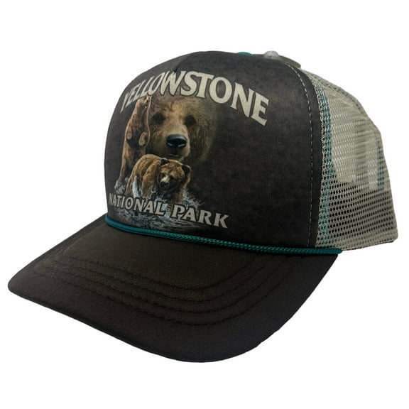 Yellowstone National Park Men's Brown Bear Print Trucker Hat Cap in Brown/Tan