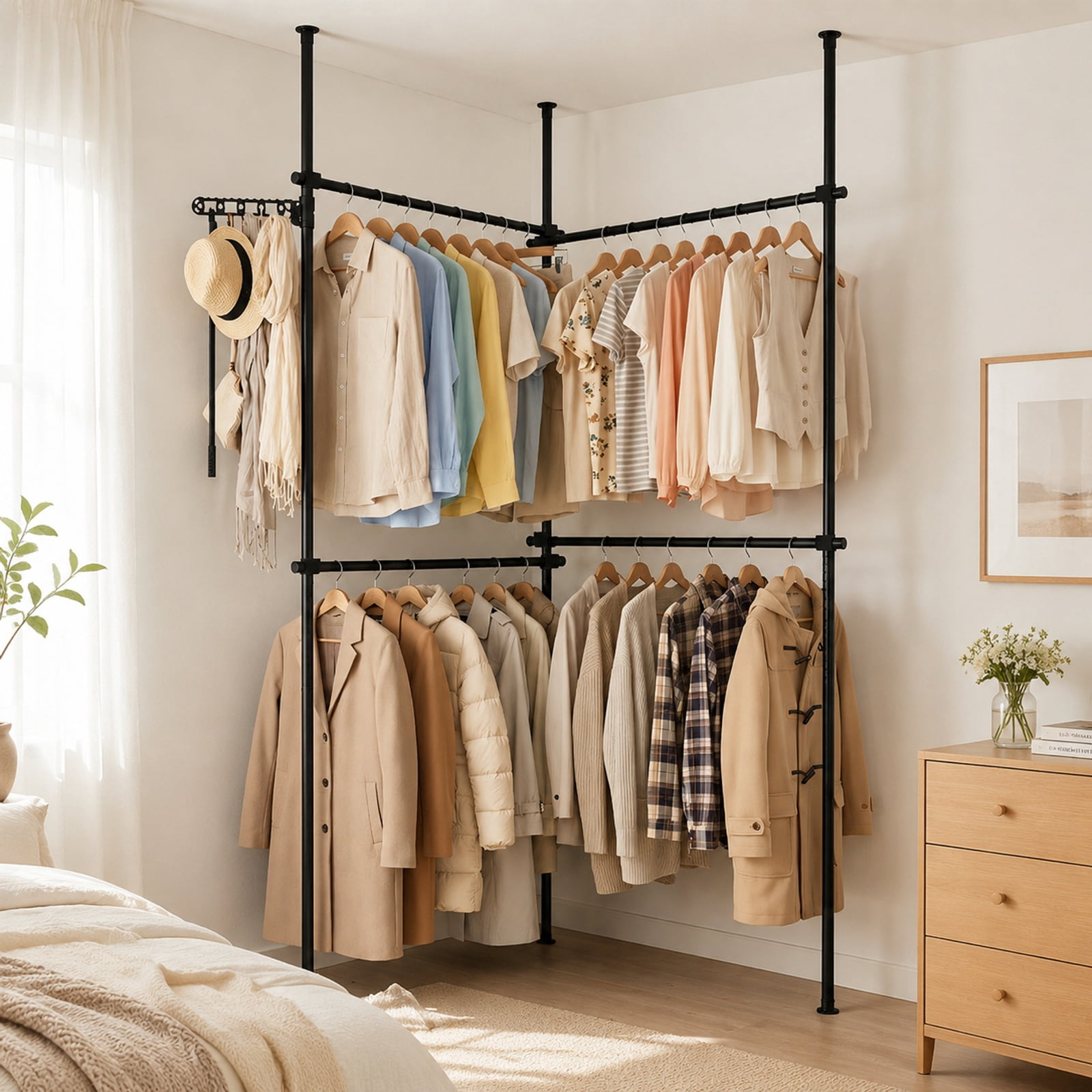 Furnibear Adjustable Floor to Ceiling Clothes Rack with 4 Hanging Rods Telescoping Double Garment Organizer for Bedroom Closet Shop, Black