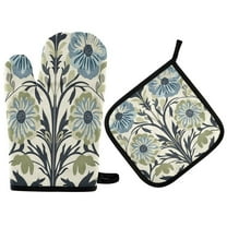 Yayeee Oven Mitts and Pot Holder Set of 4 Heat Resistant Kitchen Gloves Baking Hot Pad, Blue Floral Pattern