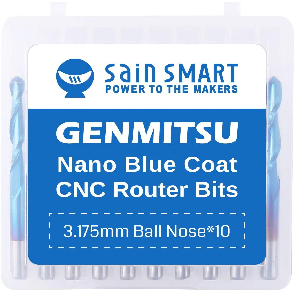 SainSmart Genmitsu 10Pcs Nano Blue Coat Ball Nose End Mill CNC Router Bits, 1/8" Shank Spiral Upcut 2 Flute End Mill Set (3.175 x 17 x 38mm)